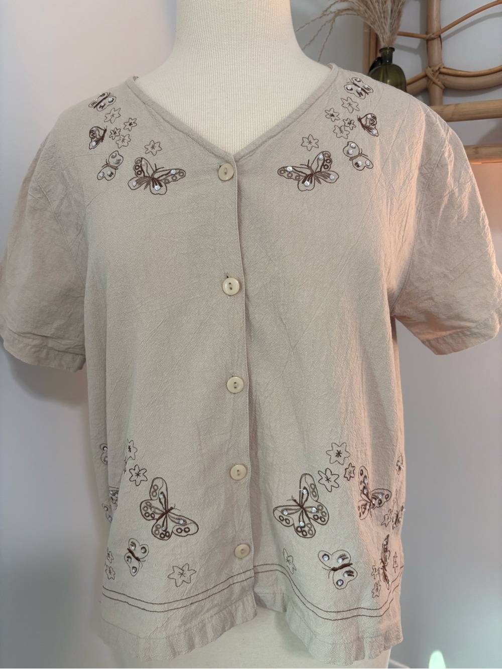 Butterfly Embroidered Button-Front Top